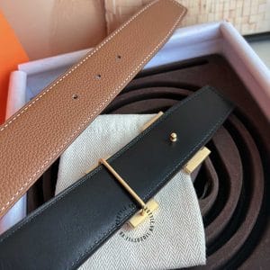 Thắt lưng Hermes nam 2 mặt đen - nâu khóa logo vàng - Hình ảnh 7