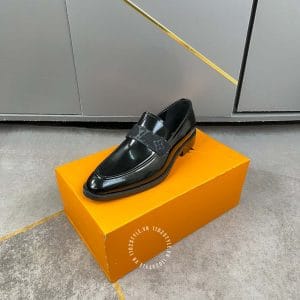 Giày lười Louis Vuitton siêu cấp đen bóng đai họa tiết Monogram - Hình ảnh 5