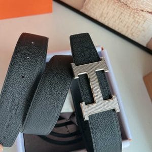 Thắt lưng Hermes da bò thật mặt khóa logo bạc - Ảnh 4