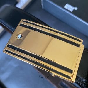 Thắt lưng Montblanc dây đen trơn khóa trượt vàng - Ảnh 2