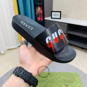 Dép Gucci quai ngang màu đen hoạ tiết trắng đỏ hàng hiệu cao cấp - Ảnh 4