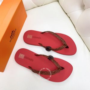 Dép Hermes màu đỏ quai nâu Unisex hàng hiệu cao cấp - Ảnh 5