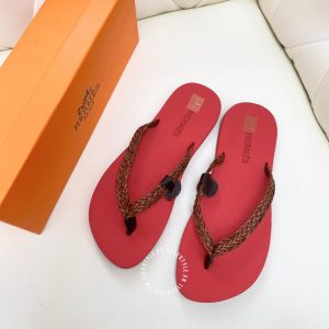 Dép Hermes màu đỏ quai nâu Unisex hàng hiệu cao cấp - Ảnh 2