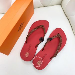 Dép Hermes màu đỏ quai nâu Unisex hàng hiệu cao cấp - Ảnh 4