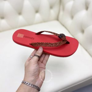 Dép Hermes màu đỏ quai nâu Unisex hàng hiệu cao cấp - Ảnh 6