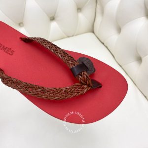 Dép Hermes màu đỏ quai nâu Unisex hàng hiệu cao cấp - Ảnh 7
