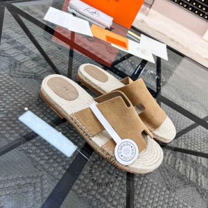 Dép Hermes nam chất liệu da lộn và cói màu nâu cao cấp Luxury - Ảnh 3