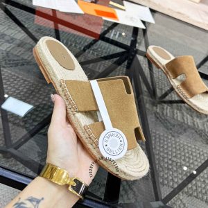 Dép Hermes nam chất liệu da lộn và cói màu nâu cao cấp Luxury - Ảnh 5