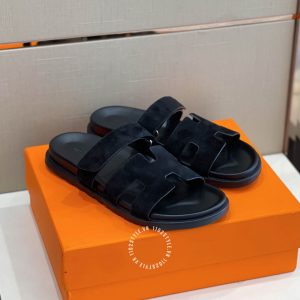Dép quai ngang Hermes quai da lộn đen hàng hiệu Luxury - Ảnh 4
