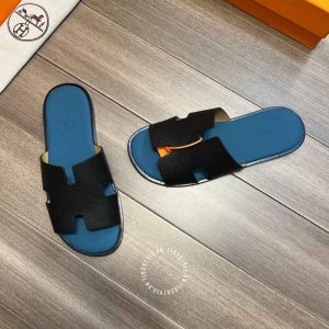 Dép Hermes nam màu xanh lục phối quai đen hàng hiệu - Ảnh 2