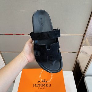 Dép quai ngang Hermes quai da lộn đen hàng hiệu Luxury - Ảnh 5