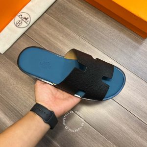 Dép Hermes nam màu xanh lục phối quai đen hàng hiệu - Ảnh 4