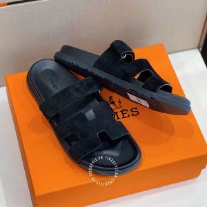 Dép quai ngang Hermes quai da lộn đen hàng hiệu Luxury - Ảnh 3