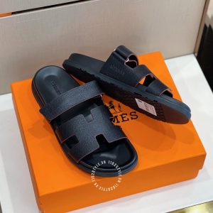 Dép nam Hermes đen quai da sần hàng hiệu cao cấp luxury - Ảnh 3