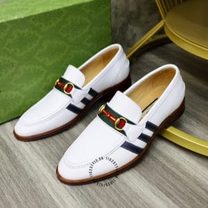 Giày Gucci trắng họa tiết kẻ sọc đế vàng phiên bản cao cấp - Ảnh 5