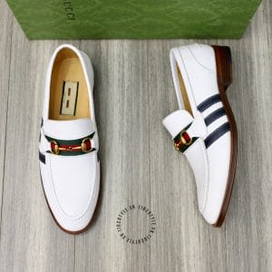 Giày Gucci trắng họa tiết kẻ sọc đế vàng phiên bản cao cấp - Ảnh 4