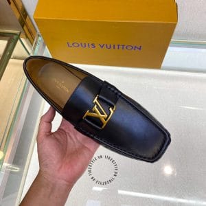 Giày lười nam Louis Vuittton da bò màu đen trơn mũi vuông - Hình ảnh 3