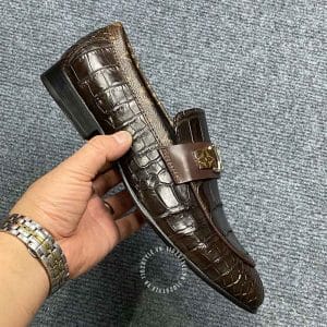 Giày nam cao cấp Louis Vuitton da cá sấu màu nâu logo kim loại - Hình ảnh 3