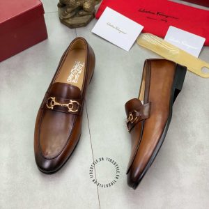 Giày Salvatore Ferragamo màu nâu bản logo vàng cao cấp - Ảnh 2
