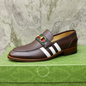Giày Gucci nam da nâu sọc trắng logo màu vàng - Hình ảnh 7