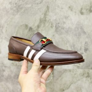 Giày Gucci nam da nâu sọc trắng logo màu vàng - Hình ảnh 5
