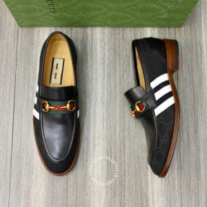 Giày loafer Gucci nam cao cấp đen họa tiết trắng logo vàng - Ảnh 4