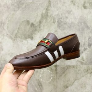 Giày Gucci nam da nâu sọc trắng logo màu vàng - Hình ảnh 6