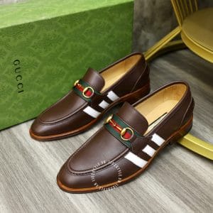 Giày Gucci nam da nâu sọc trắng logo màu vàng - Hình ảnh 4