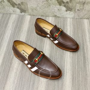 Giày Gucci nam da nâu sọc trắng logo màu vàng - Hình ảnh 3