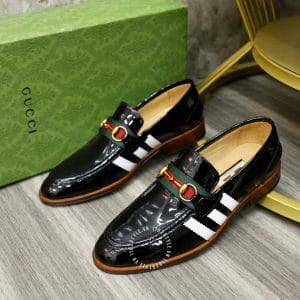 Giày Gucci nam đen bóng sọc trắng logo màu vàng - Ảnh 3