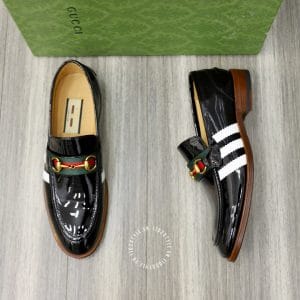Giày Gucci nam đen bóng sọc trắng logo màu vàng - Ảnh 2