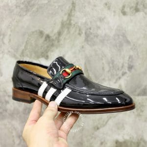Giày Gucci nam đen bóng sọc trắng logo màu vàng - Ảnh 7