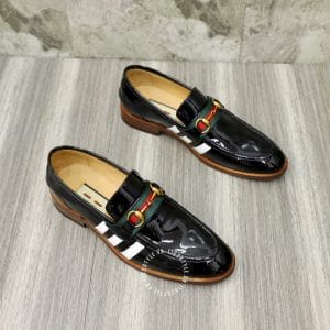 Giày Gucci nam đen bóng sọc trắng logo màu vàng - Ảnh 4