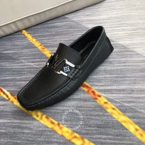 Giày lười Louis Vuitton siêu cấp màu đen logo kim loại nổi bật - Hình ảnh 5
