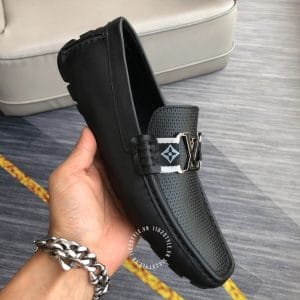 Giày lười Louis Vuitton siêu cấp màu đen logo kim loại nổi bật - Hình ảnh 6