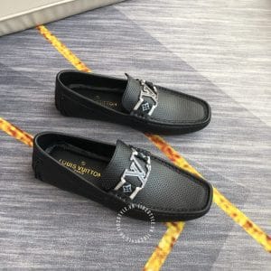 Giày lười Louis Vuitton siêu cấp màu đen logo kim loại nổi bật - Hình ảnh 2