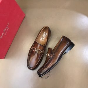 Giày lười Salvatore Ferragamo màu nâu da bóng logo vàng - Hình ảnh 2