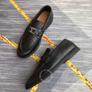 Giày lười Louis Vuitton da sần màu đen logo kim loại siêu cấp - Ảnh 4