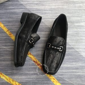 Giày lười LV nam siêu cấp màu đen vân da đà điểu độc đáo - Hình ảnh 4