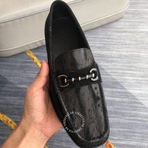 Giày lười LV nam siêu cấp màu đen vân da đà điểu độc đáo - Hình ảnh 5