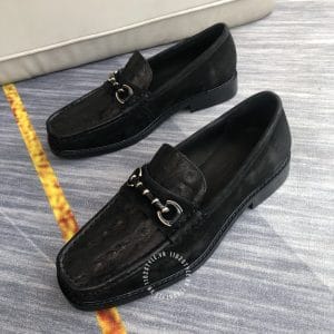 Giày lười LV nam siêu cấp màu đen vân da đà điểu độc đáo - Hình ảnh 3