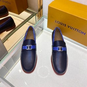 Giày lười Louis Vuitton nam màu xanh đế phíp gỗ logo LV - Ảnh 2