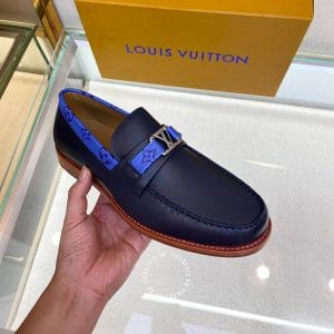 Giày lười Louis Vuitton nam màu xanh đế phíp gỗ logo LV - Ảnh 3
