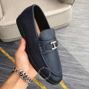 Giày lười Louis Vuitton nam siêu cấp da sần màu xanh than logo LV - Ảnh 4