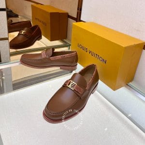 Giày lười nam cao cấp Louis Vuitton màu nâu logo vàng - Ảnh 5