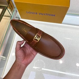 Giày lười nam cao cấp Louis Vuitton màu nâu logo vàng - Ảnh 3