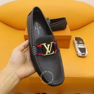 Giày lười Louis Vuitton da sần màu đen logo vàng super fake - Hình ảnh 4