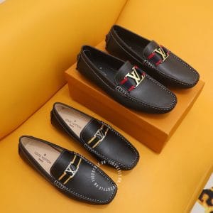 Giày lười Louis Vuitton da sần màu đen logo vàng super fake - Hình ảnh 3