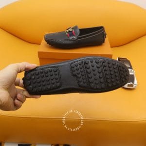 Giày lười Louis Vuitton da sần màu đen logo vàng super fake - Hình ảnh 8