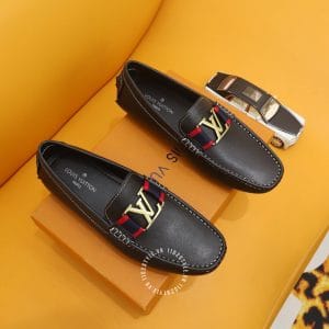 Giày lười Louis Vuitton da sần màu đen logo vàng super fake - Hình ảnh 2